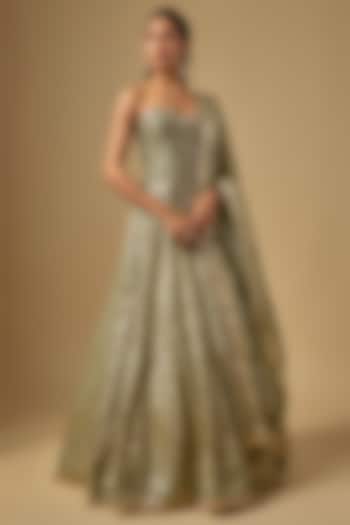 Mint Green Banarasi Chanderi Hand Embroidered Wedding Lehenga Set by Neha Khullar at Pernia's Pop Up Shop