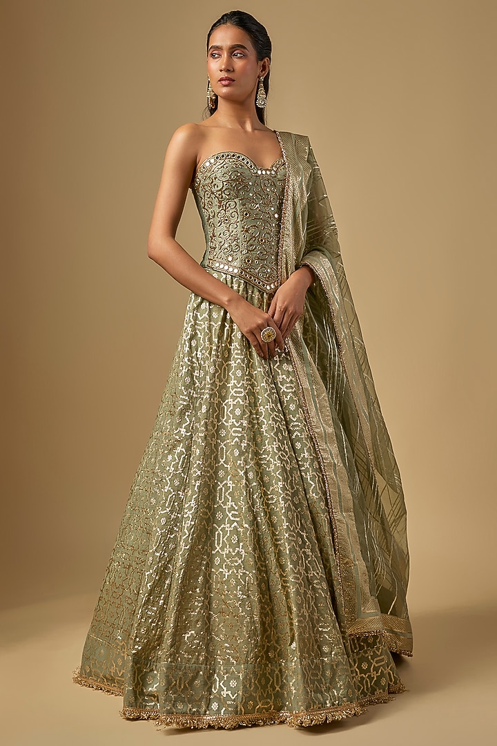 Mint Green Banarasi Chanderi Hand Embroidered Wedding Lehenga Set by Neha Khullar at Pernia's Pop Up Shop