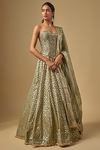 Mint Green Banarasi Chanderi Hand Embroidered Lehenga Set by Neha Khullar