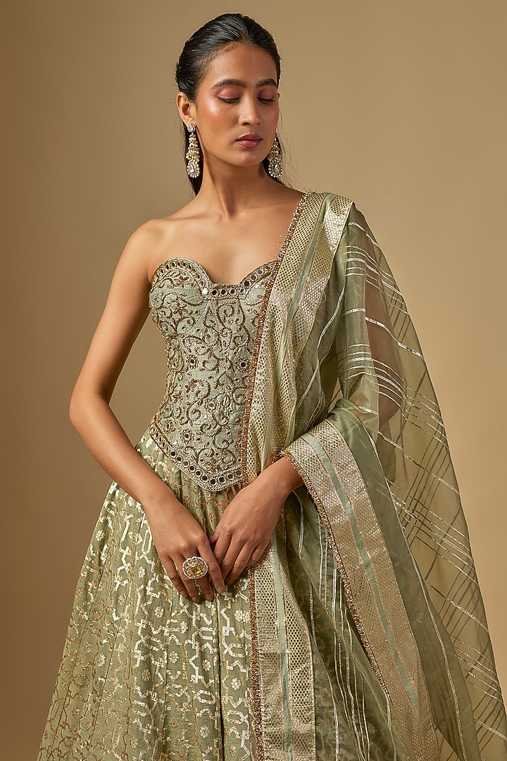 Mint Green Banarasi Chanderi Hand Embroidered Wedding Lehenga Set by Neha Khullar at Pernia's Pop Up Shop