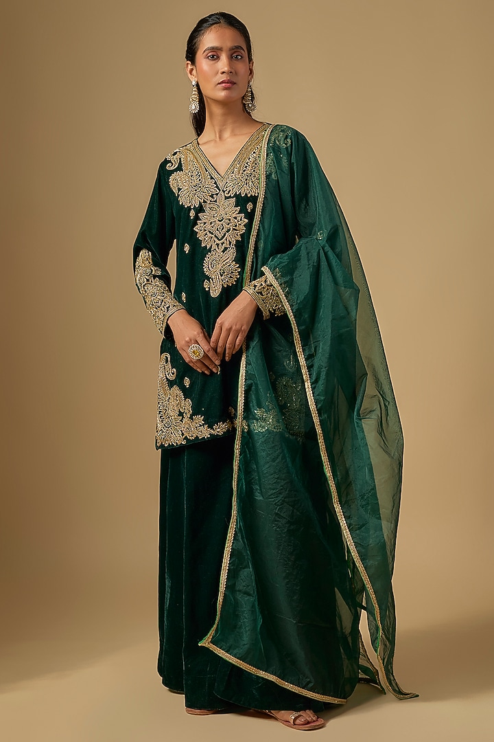 Green Velvet Wedding Sharara Set by Neha Khullar at Pernia's Pop Up Shop