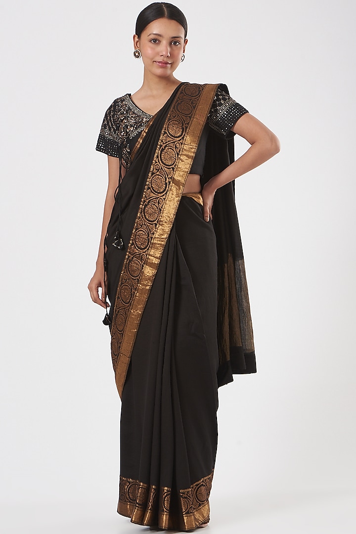 Black Monga Silk Banarasi Saree Set by Neha & Tarun