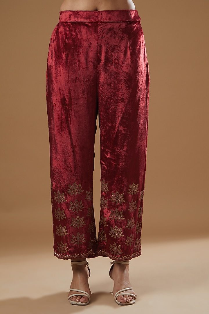 Red Velvet Block Printed & Hand Embroidered Kurta Set by Neha & Tarun at Pernia's Pop Up Shop