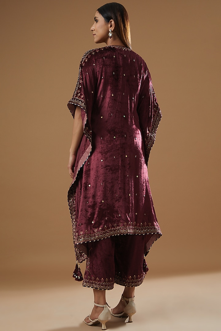 Wine Velvet Block Printed & Hand Embroidered Kaftan Set by Neha & Tarun at Pernia's Pop Up Shop