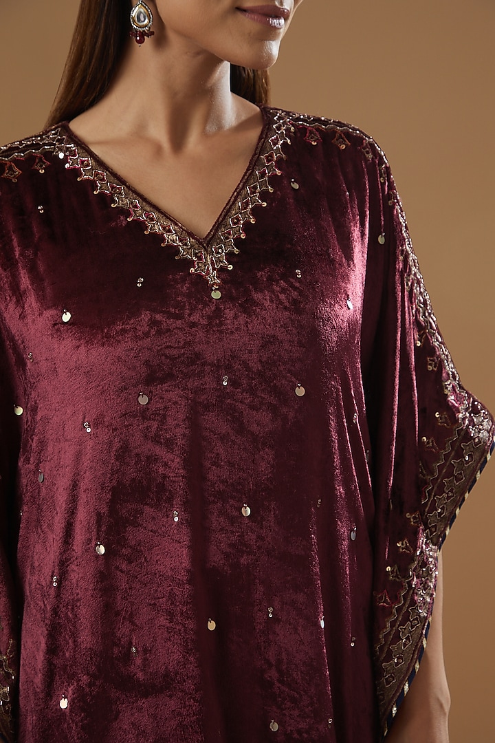 Wine Velvet Block Printed & Hand Embroidered Kaftan Set by Neha & Tarun at Pernia's Pop Up Shop
