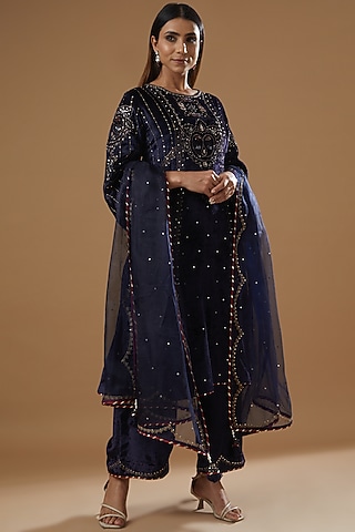 Midnight Blue Velvet Block Printed A-line Kurta Set by Neha & Tarun