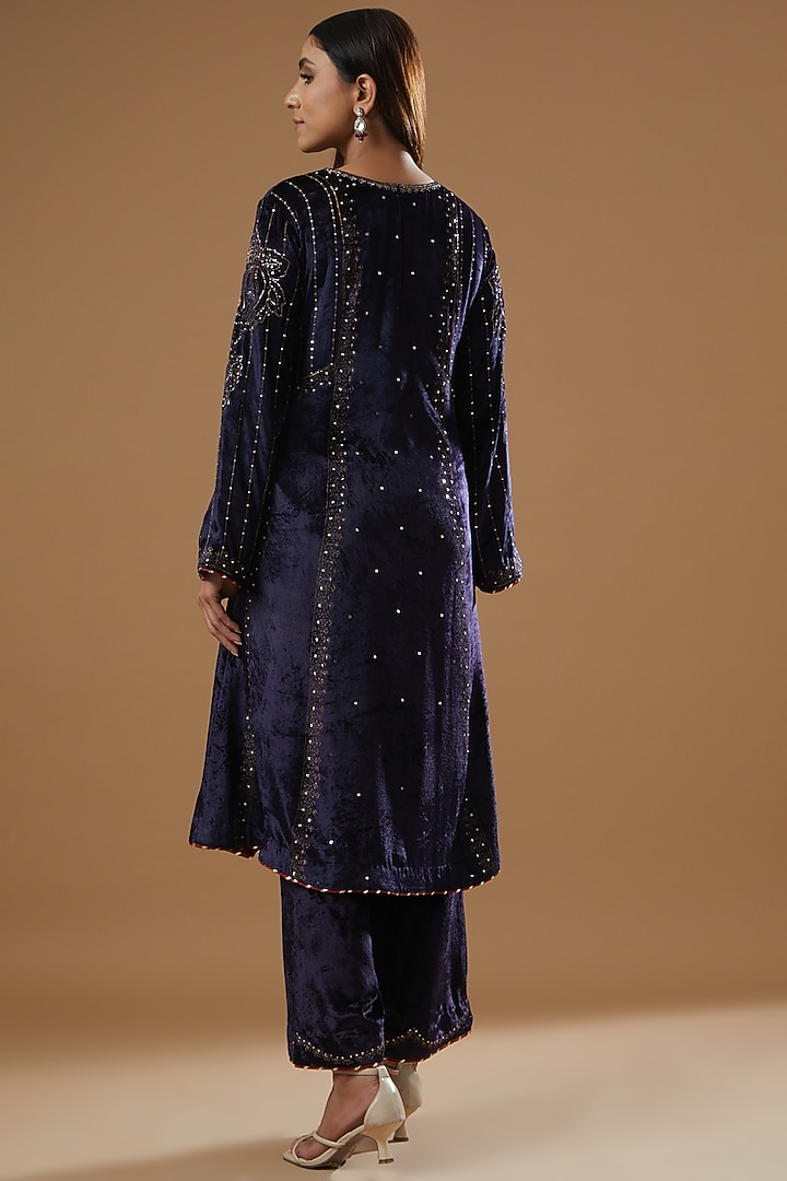 Midnight Blue Velvet Block Printed A-line Kurta Set by Neha & Tarun at Pernia's Pop Up Shop