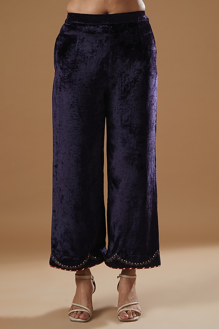 Midnight Blue Velvet Block Printed A-line Kurta Set by Neha & Tarun at Pernia's Pop Up Shop