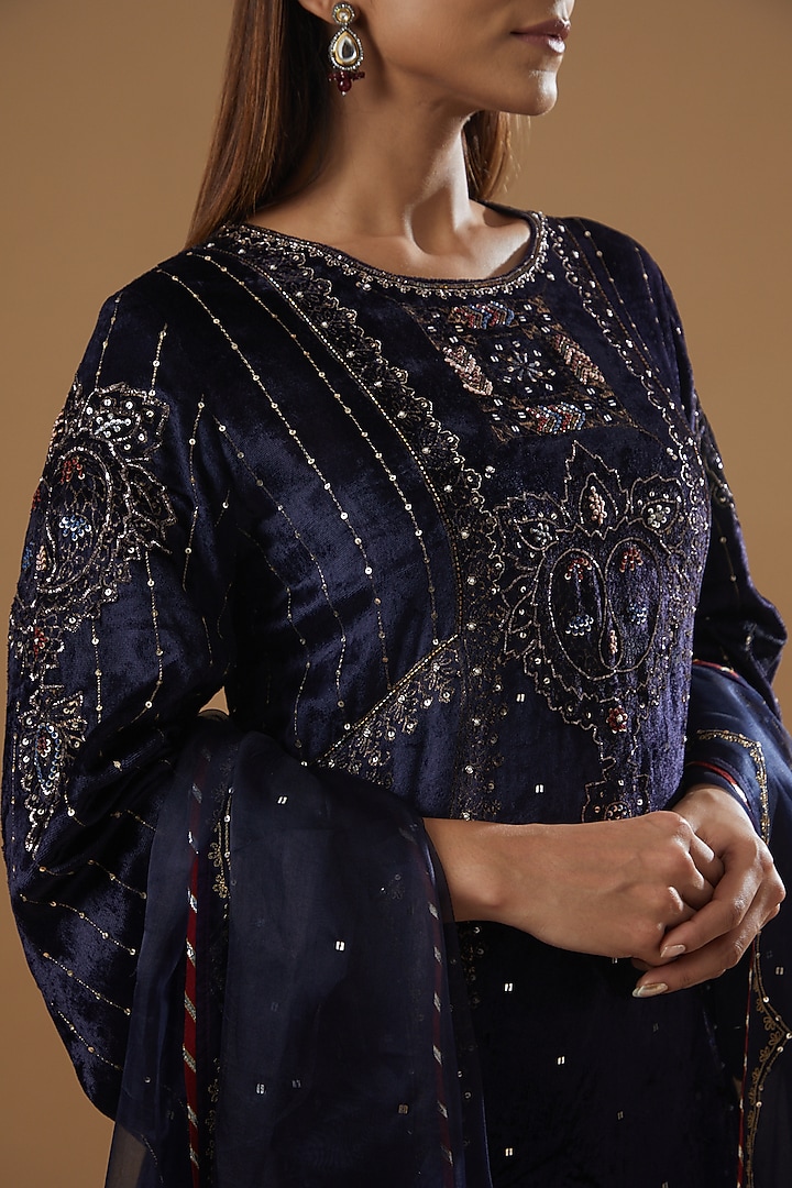 Midnight Blue Velvet Block Printed A-line Kurta Set by Neha & Tarun at Pernia's Pop Up Shop