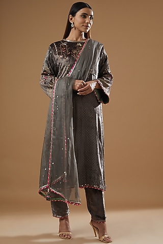 Grey Velvet Block Printed & Hand Embroidered A-line Kurta Set by Neha & Tarun