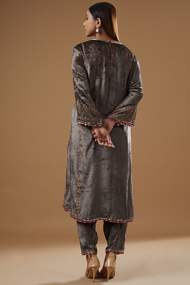 Grey Velvet Block Printed & Hand Embroidered A-line Kurta Set by Neha & Tarun at Pernia's Pop Up Shop