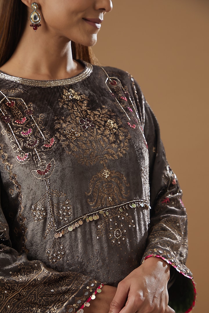 Grey Velvet Block Printed & Hand Embroidered A-line Kurta Set by Neha & Tarun at Pernia's Pop Up Shop