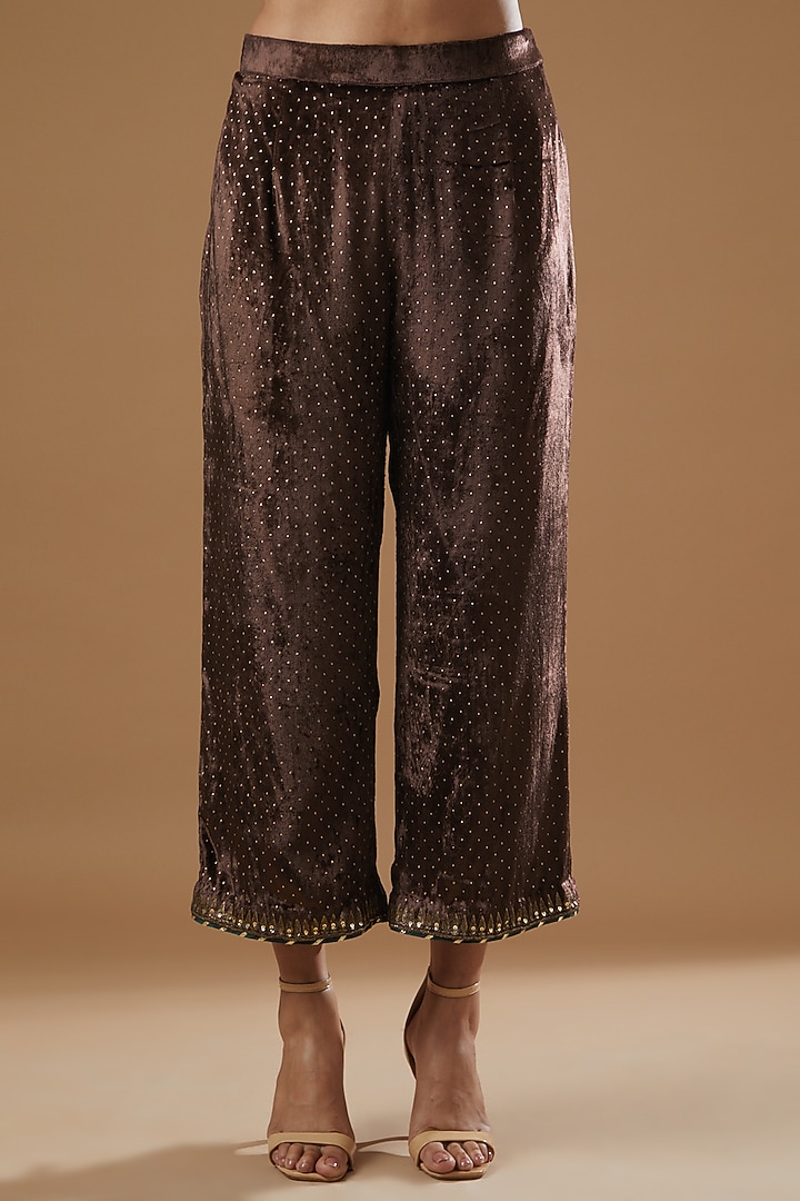 Brown Velvet Block Printed & Hand Embroidered Kurta Set by Neha & Tarun at Pernia's Pop Up Shop