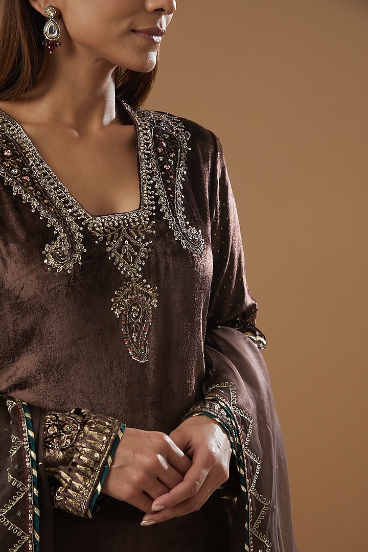 Brown Velvet Block Printed & Hand Embroidered Kurta Set by Neha & Tarun at Pernia's Pop Up Shop