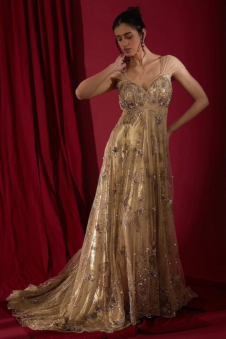 Golden Tulle & Shimmer Fabric Hand Embroidered Gown by Neha & Tarun