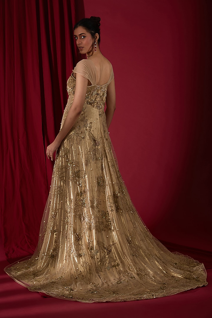 Golden Tulle & Shimmer Fabric Hand Embroidered Wedding Gown by Neha & Tarun at Pernia's Pop Up Shop