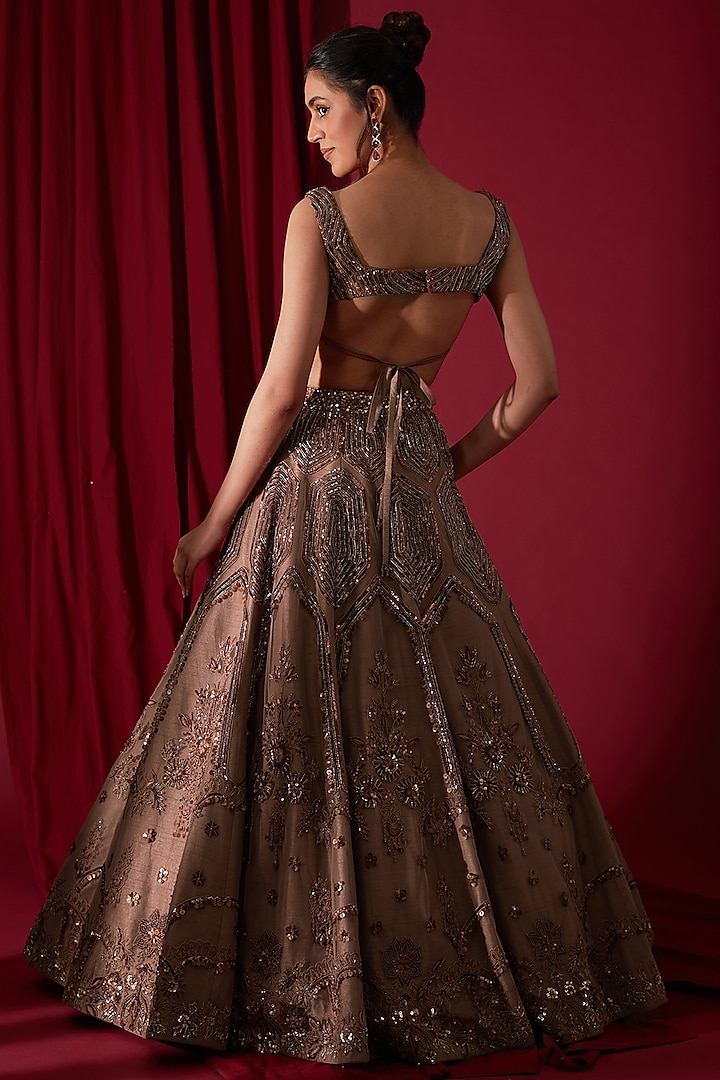 Wine Tulle & Raw Silk Sequins Embroidered Bridal Lehenga Set by Neha & Tarun at Pernia's Pop Up Shop