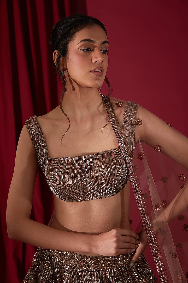 Wine Tulle & Raw Silk Sequins Embroidered Bridal Lehenga Set by Neha & Tarun at Pernia's Pop Up Shop