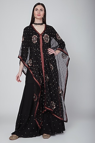 Black Embroidered Cape Kurta With Pants by Neha & Tarun