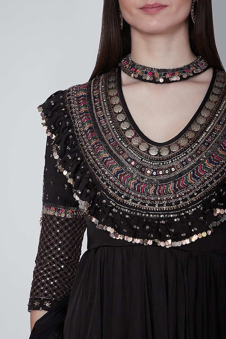 Black Rayon Zardosi Embroidered Wedding Anarkali Set by Neha & Tarun at Pernia's Pop Up Shop