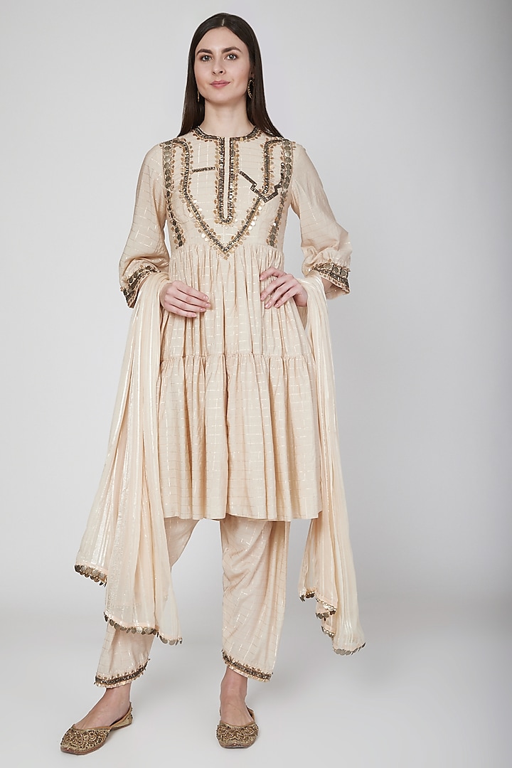 Beige Sequins Embroidered Kurta Set by Neha & Tarun