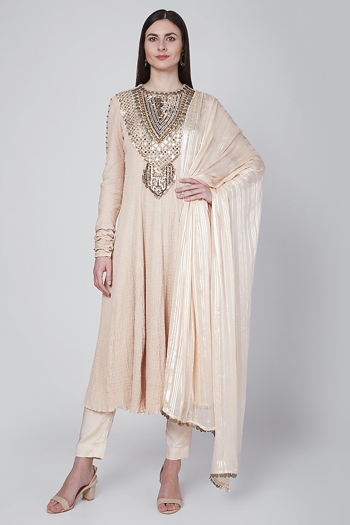 Light Beige Zardosi Embroidered Kurta Set by Neha & Tarun at Pernia's Pop Up Shop