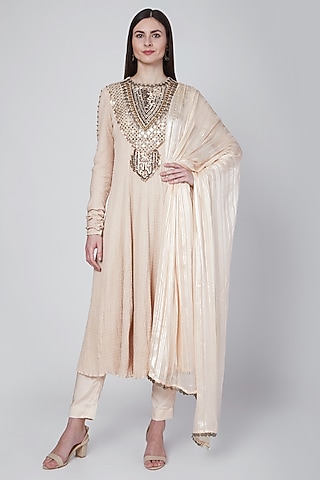 Light Beige Zardosi Embroidered Kurta Set by Neha & Tarun