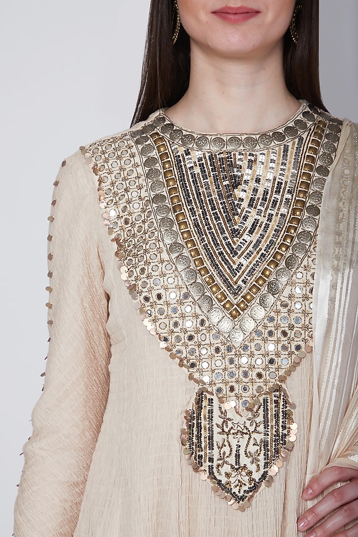 Light Beige Zardosi Embroidered Kurta Set by Neha & Tarun at Pernia's Pop Up Shop