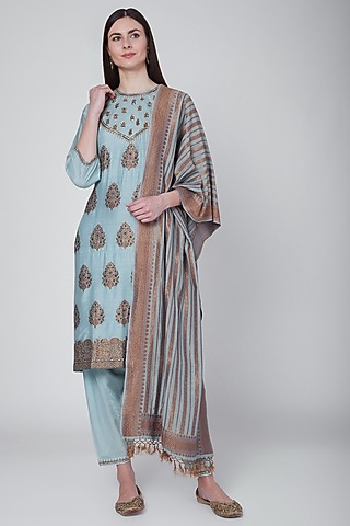 Turquoise Blue Hand Embroidered Kurta Set by Neha & Tarun