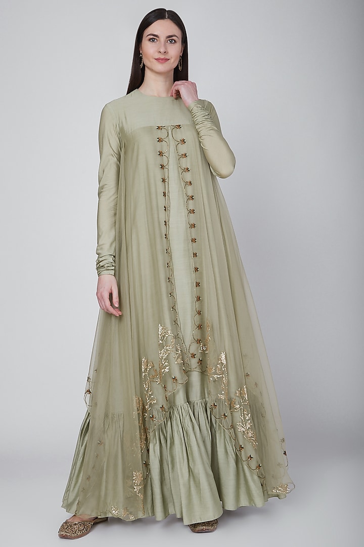 Olive Green Embroidered Layered Gown With Attached Dupatta by Neha & Tarun