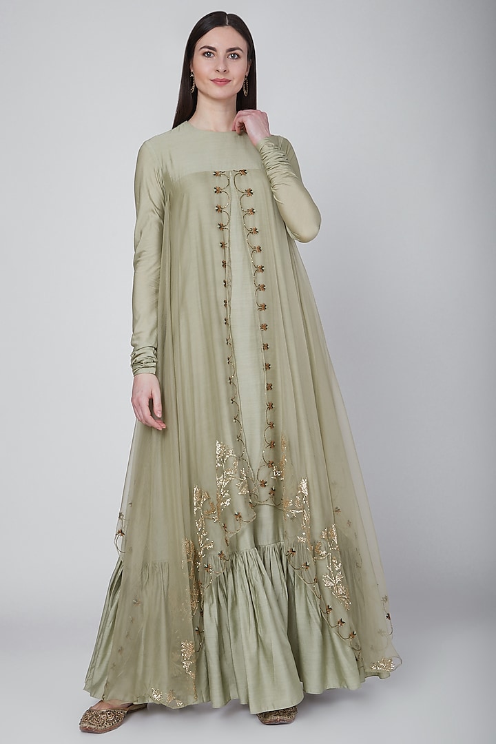 Olive Green Embroidered Layered Gown With Attached Dupatta by Neha & Tarun at Pernia's Pop Up Shop