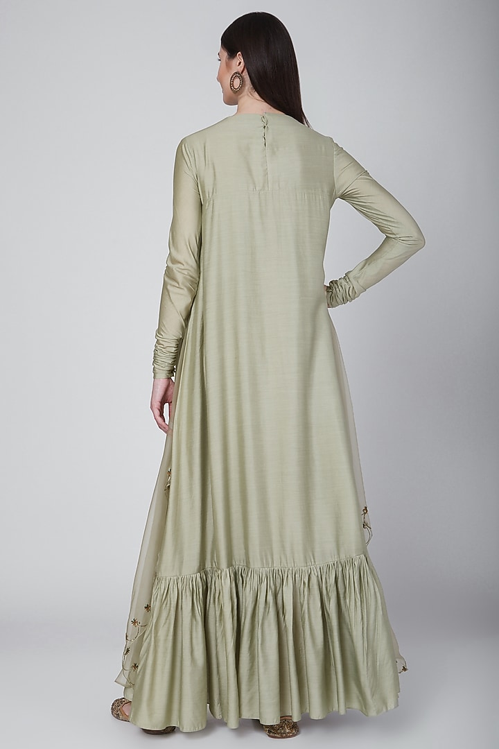Olive Green Embroidered Layered Gown With Attached Dupatta by Neha & Tarun at Pernia's Pop Up Shop