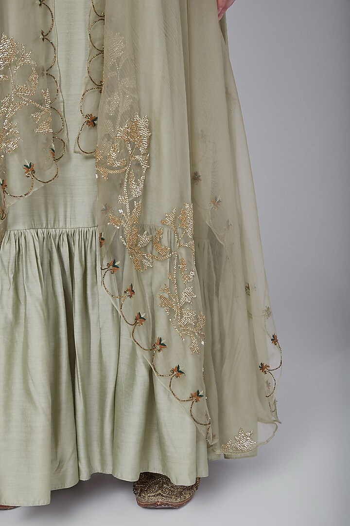 Olive Green Embroidered Layered Gown With Attached Dupatta by Neha & Tarun at Pernia's Pop Up Shop