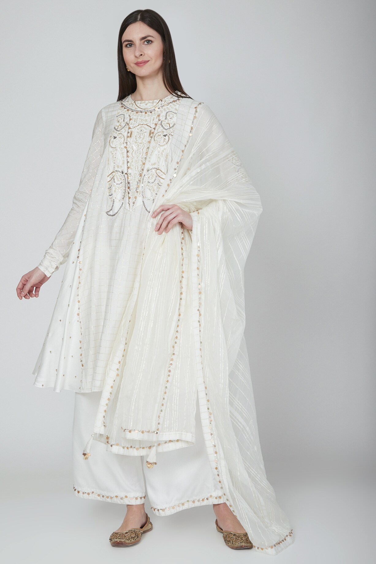 White Zari Embroidered Cotton Lurex Straight Kurta and Palazzo Set