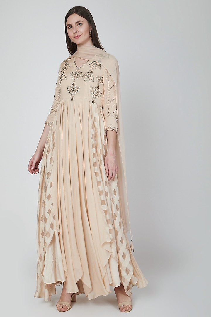 Beige Embroidered Gown With Pants & Dupatta by Neha & Tarun