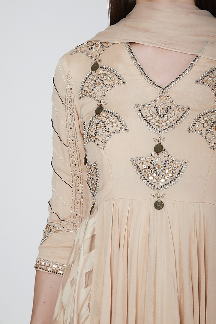 Beige Embroidered Gown With Pants & Dupatta by Neha & Tarun at Pernia's Pop Up Shop