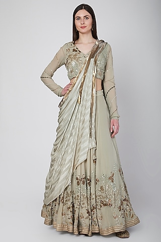 Olive Green Embroidered Lehenga Set by Neha & Tarun