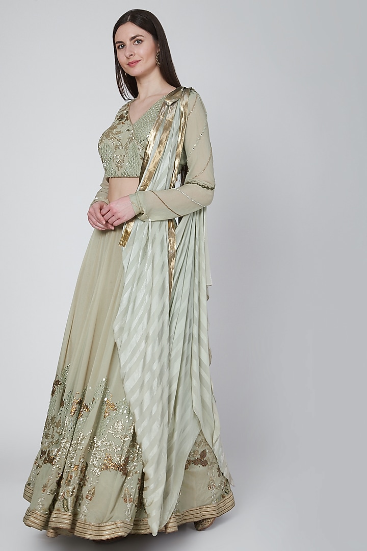 Olive Green Embroidered Wedding Lehenga Set by Neha & Tarun at Pernia's Pop Up Shop