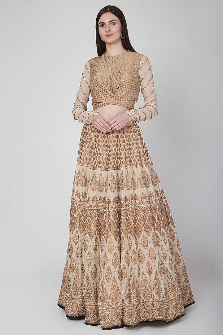 Beige Embroidered Blouse With Lehenga by Neha & Tarun