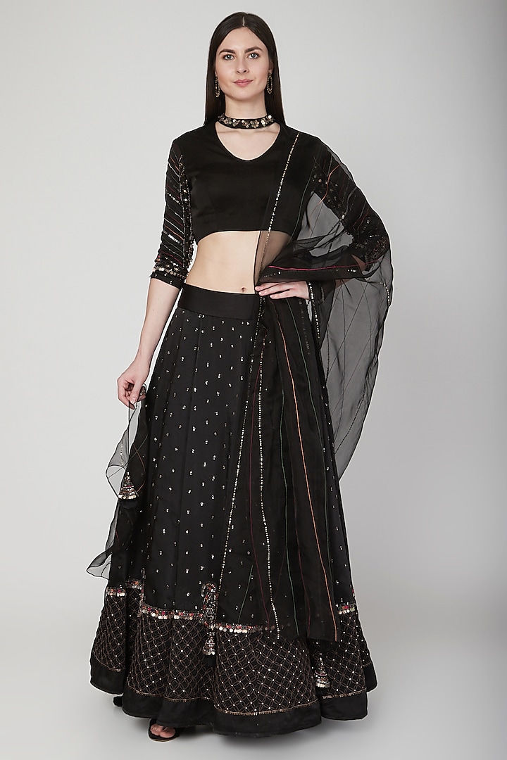 Black Aari Embroidered Lehenga Set by Neha & Tarun