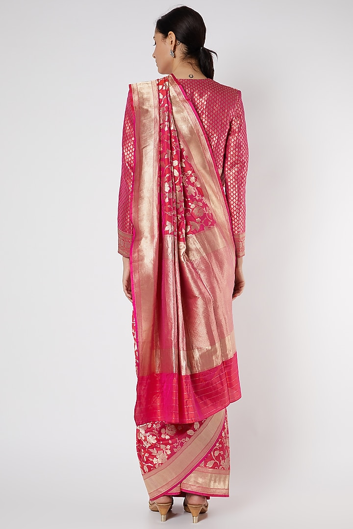 Fuchsia Banarasi Wedding Saree With Jacket by Neha & Tarun at Pernia's Pop Up Shop