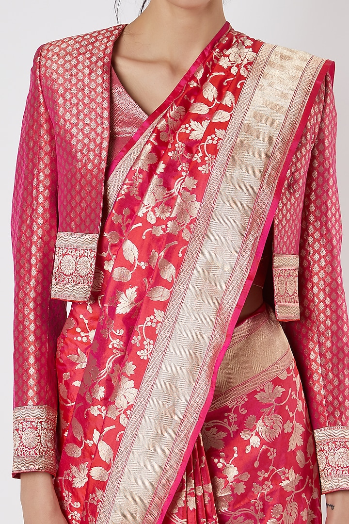 Fuchsia Banarasi Wedding Saree With Jacket by Neha & Tarun at Pernia's Pop Up Shop
