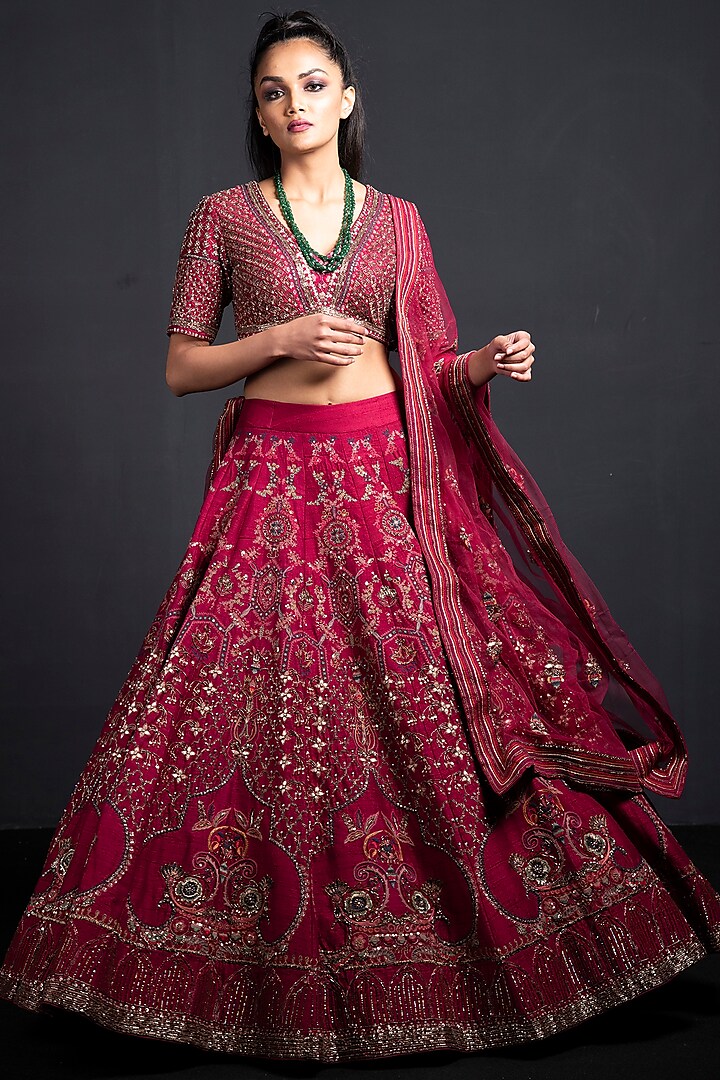 Wine Embroidered Bridal Lehenga Set by Neha & Tarun at Pernia's Pop Up Shop