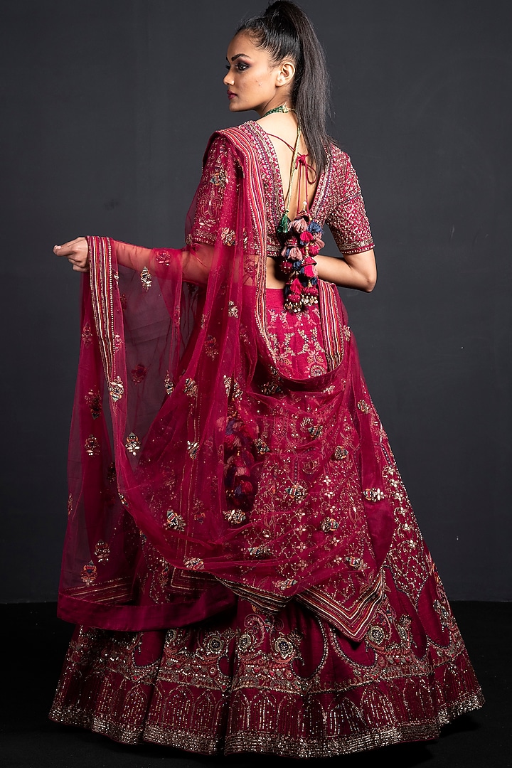 Wine Embroidered Bridal Lehenga Set by Neha & Tarun at Pernia's Pop Up Shop