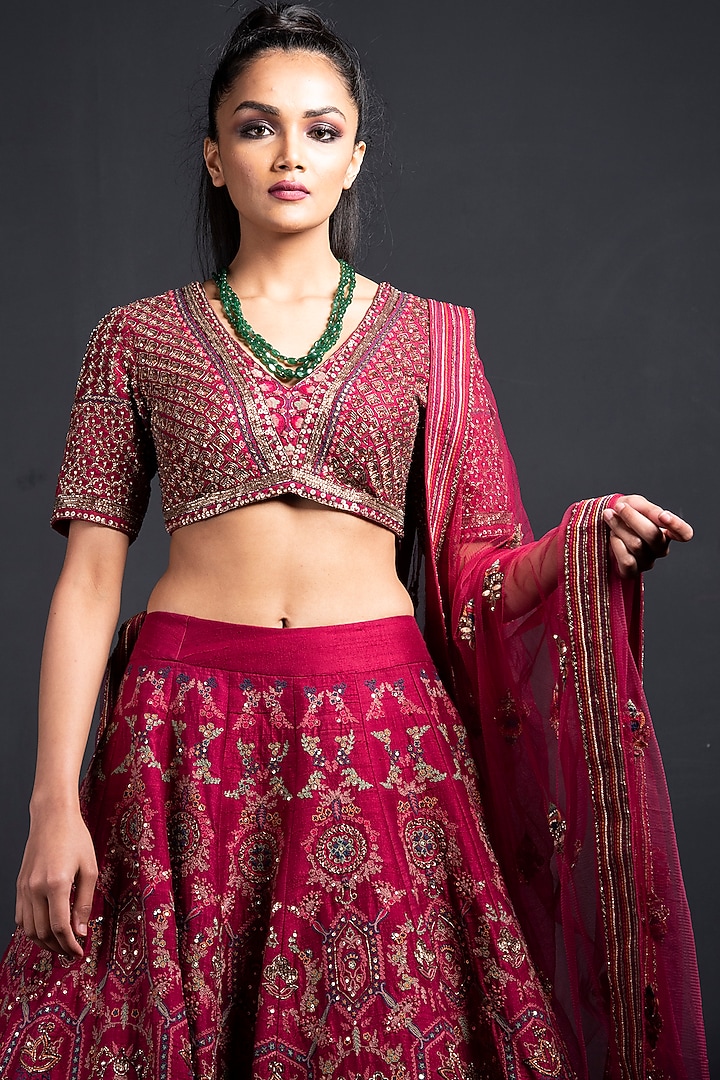 Wine Embroidered Bridal Lehenga Set by Neha & Tarun at Pernia's Pop Up Shop