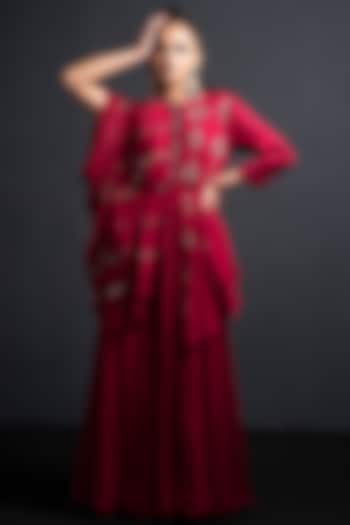 Crimson Red Embroidered Draped Gown by Neha & Tarun