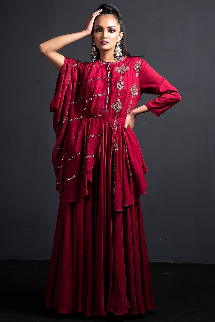 Crimson Red Embroidered Draped Gown by Neha & Tarun