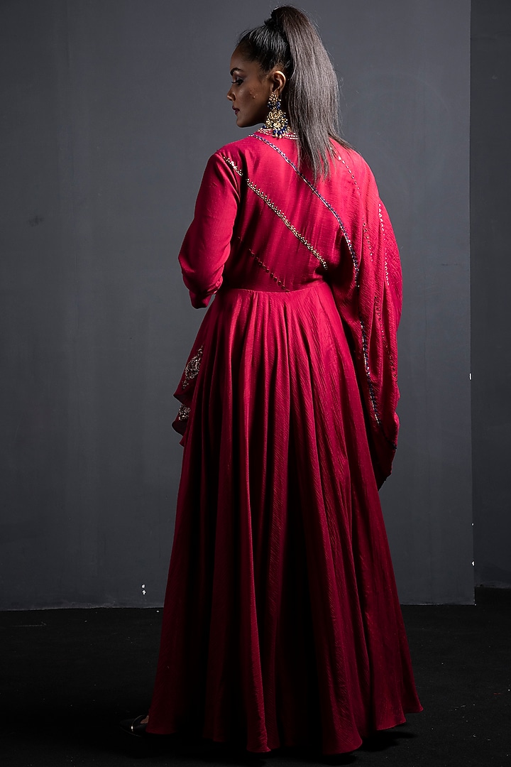 Crimson Red Embroidered Draped Engagement Gown by Neha & Tarun at Pernia's Pop Up Shop