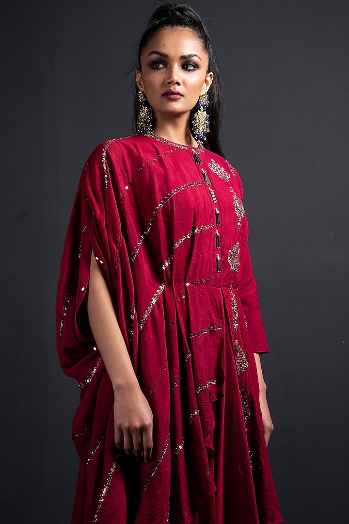 Crimson Red Embroidered Draped Engagement Gown by Neha & Tarun at Pernia's Pop Up Shop