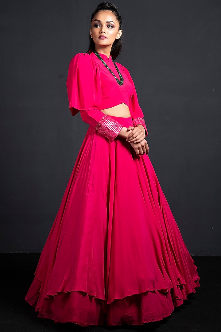 Fuchsia Embroidered Skirt Set by Neha & Tarun at Pernia's Pop Up Shop